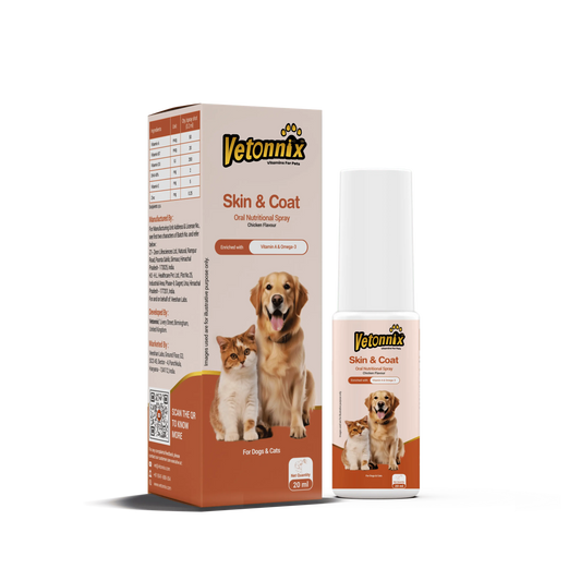 Vetonnix Skin & Coat Oral Nutritional Spray for Pets | Thick & Shiny Fur, Healthy Skin, Reduced Shedding and Itching for Dogs & Cats - 20 ml